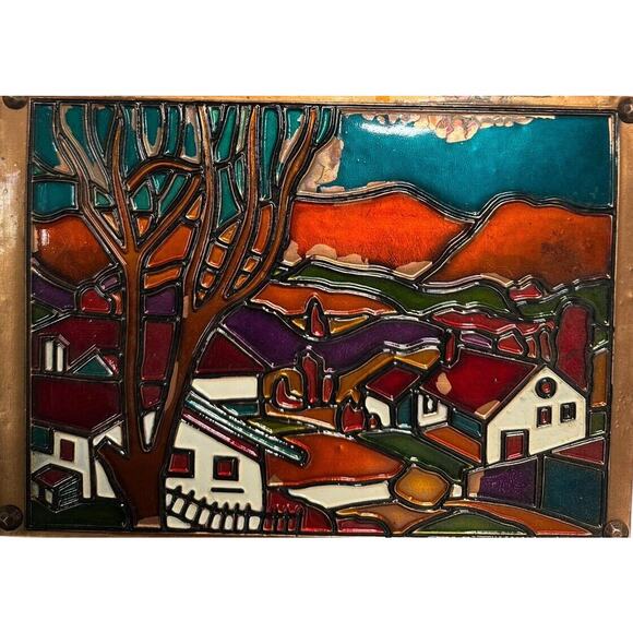 Vtg Enamel on Embossed Copper Village Mounted Autumn Fall Picture Wall Art - Picture 2 of 11
